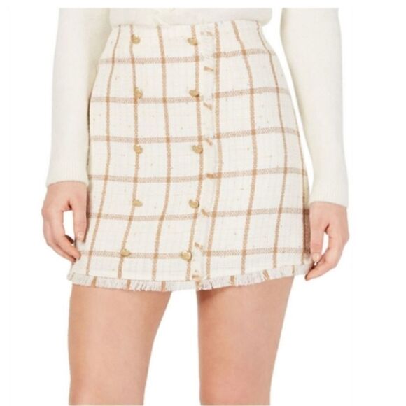 Leyden Monroe Plaid Printed Mini Skirt Ivory Tan Checker - Picture 1 of 6